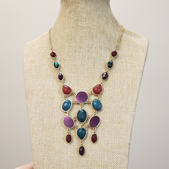 Gold tone, Enamel glass colorful bead drop dangle fashion necklace - Picture 2 of 7